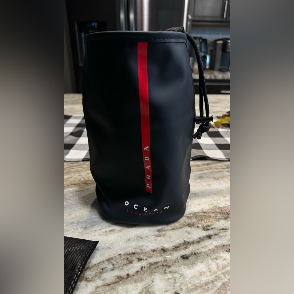 Prada Black Drawstring Pouch with Red Stripe